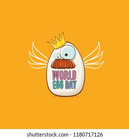 World egg day vector concept illustartion. white egg king cartoon characters with crown isolated on orange background.