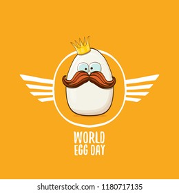 World egg day vector concept illustartion. white egg king cartoon characters with crown isolated on orange background.