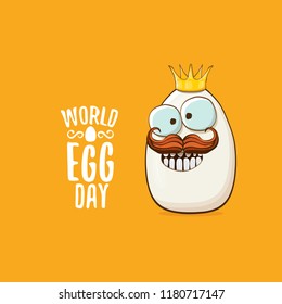 World egg day vector concept illustartion. white egg king cartoon characters with crown isolated on orange background.