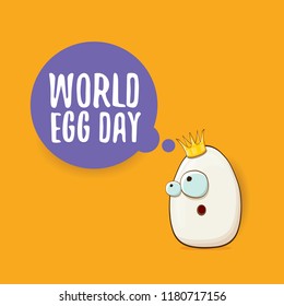 World egg day vector concept illustartion. white egg king cartoon characters with crown isolated on orange background.