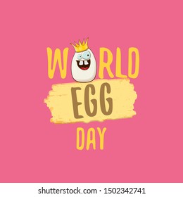 World egg day vector concept illustartion. white egg king cartoon characters with golden crown and greeting text isolated on pink background. 