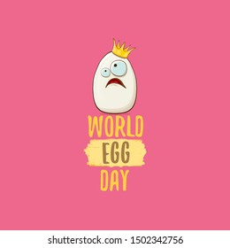 World egg day vector concept illustartion. white egg king cartoon characters with golden crown and greeting text isolated on pink background. 
