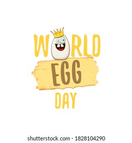 World egg day vector concept illustration. white egg king cartoon characters with golden crown and greeting text isolated on white background. 