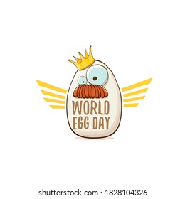 World egg day vector concept illustration. white egg king cartoon characters with golden crown and greeting text isolated on white background. 