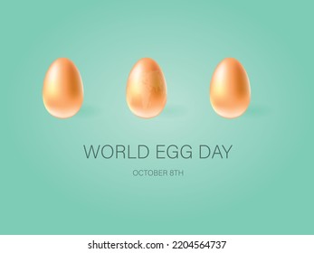 World egg day.Vector illustration of 3 whole eggs ,one of them with globe inside on green tone background.
