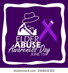 Banner des World Elder Abuse Awareness Day. Illustration eines traurigen alten Großvaters, mit einem lila Wahlkampfband in Rahmen auf dunkelviolettem Hintergrund, um am 15. Juni zu erinnern