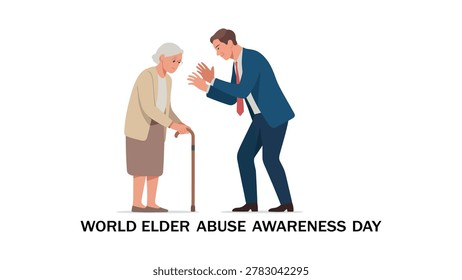 world elder abuse awareness day illustration with elderly woman and aggressive businessman isolated on white background for senior protection awareness campaign