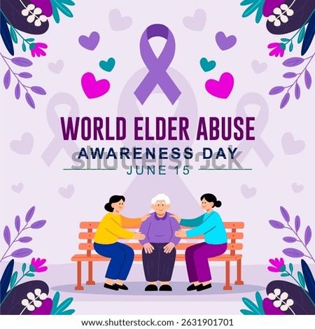 World Elder Abuse Awareness Day banner 2025 with an elderly person sitting calmly on a park bench, surrounded by caring younger hands offering gentle support.