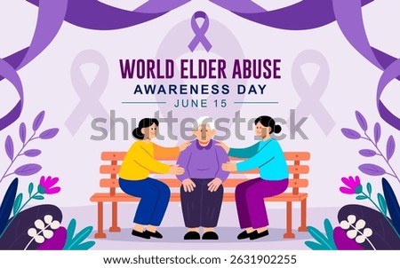 World Elder Abuse Awareness Day banner 2025 with an elderly person sitting calmly on a park bench, surrounded by caring younger hands offering gentle support.