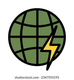 The world electric energy icon displays a globe with interconnected circuit lines, representing global electricity distribution. It symbolizes the worldwide reach of electrical power 