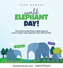 World Elephant day. 12th August Elephant day celebration banner, post with a herd of elephants in a forest. The day aimed at protecting wild elephants and their habitats from threats they face.