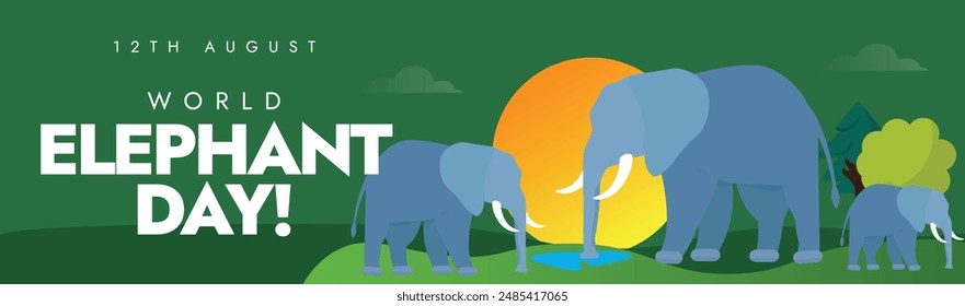 World Elephant day. 12th August Elephant day celebration cover banner, post with a herd of elephants in a forest. The day aimed at protecting wild elephants and their habitats from threats they face.