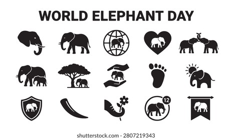 World elephant day collection featuring a diverse set of professional vector graphic icons displaying black silhouettes of majestic animals in various poses including walking standing and interacting with environment elements like hearts globes shields and flowers to create a comprehensive visual library for modern wildlife conservation design projects