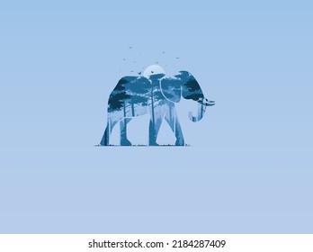 World Elephant Day concept. The theme of environmental protection with the words Save the planet. Abstract poster in the form of a Elephant with silhouettes of trees. World Wildlife Concept 