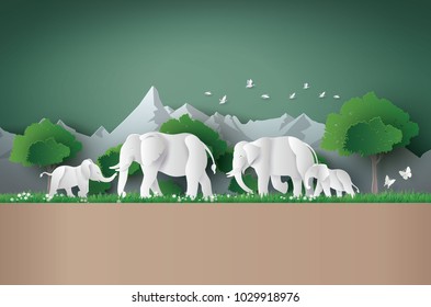 
 World elephant Day ,family of elephant in the forest , Paper art and digital craft style.