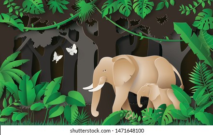 World elephant Day ,family of elephant in the forest , Paper art and digital craft style.