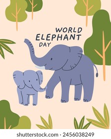 World elephant day international annual event on August 12. Card design with big and baby elephant. Animal wildlife. Flat cartoon style vector illustration