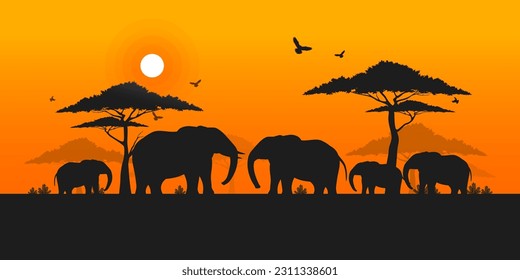 Weltleitstag, Silhouette der Elefanten Familie in Sonnenuntergang, Tierwelt und Natur, Grassland Safari, Umweltschutz, Nationalpark, Grün denken, Planet retten und die Tierwelt.