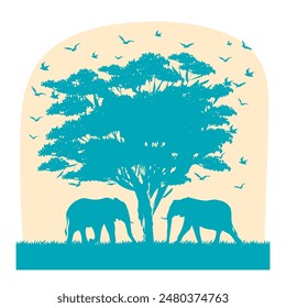 World elephant day, silhouette of elephant with trees, in the forest, wild and nature vector illustration. Monochrome color.
