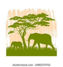 World elephant day, silhouette of elephant with trees, in the forest, wild and nature vector illustration. Monochrome color.