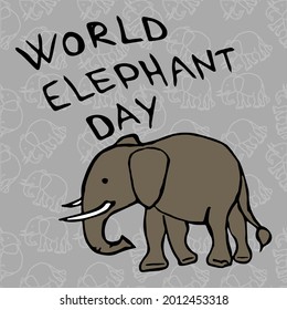 World Elephant Day. Vector illustration with grey elephant icon. Doodle elephant on grey background