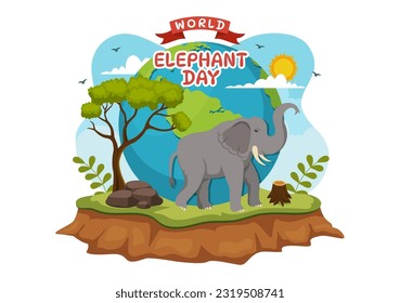 World Elephant Day Vector Illustration on 12 August with Elephants Animals for Salvation Efforts and Conservation in Cartoon Hand Drawn Templates