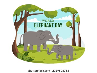 World Elephant Day Vector Illustration on 12 August with Elephants Animals for Salvation Efforts and Conservation in Cartoon Hand Drawn Templates
