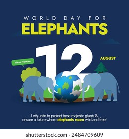 Anuncio del Día Mundial de los Elefantes, publicación en redes sociales, diseño de Plantilla de tarjetas. Anuncio de celebración del día del elefante con globo terráqueo, elefantes, árboles. El día Concienciar sobre el papel crítico que juegan los elefantes.