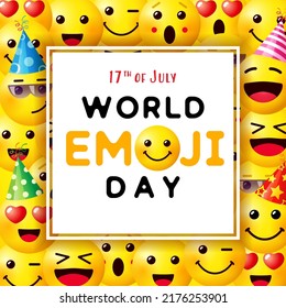 World Emoji Day, 17th of July greeting card. Design template with cute emojis face and different facial expression. Vector background pattern