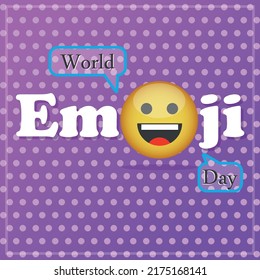 World emoji day art poster. Greeting design card template with yellow smile emoji and cute lettering on gradient background. Vector illustration.