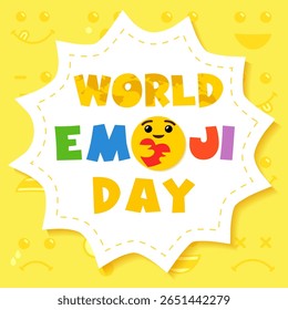 World Emoji Day celebrating blogging poster. Cute yellow backdrop with isolated faces, creative speaking cloud, colorful congrats. Social media greetings