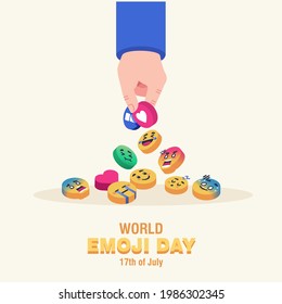 world emoji day concept banner illustration. hand taking up emoji pin concept flat illustration