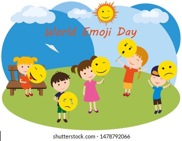 World Emoji Day. Girls and boys play masks with image of emoticons.