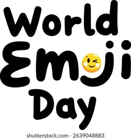 World Emoji Day graphic design in a bold silhouette style, featuring the text 'World Emoji Day' with a winking emoji. Isolated on a white background, perfect for social media posts or celebratory desi