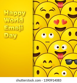 World emoji day greeting card design template with emoji background pattern