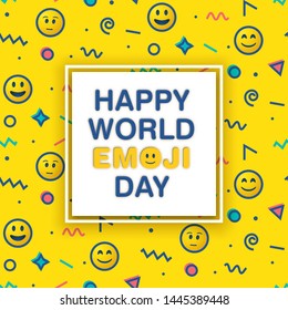 World emoji day greeting card design template with emoji background pattern