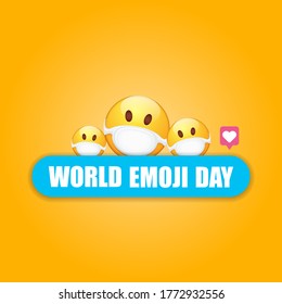 World emoji day greeting card or banner with smile face Emoji sticker with mouth medical protection mask isolated on orange background.