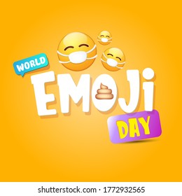 World emoji day greeting card or banner with smile face Emoji sticker with mouth medical protection mask isolated on orange background.