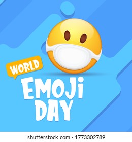 World emoji day greeting card or banner with smile face Emoji sticker with mouth medical protection mask isolated on abstract blue background.