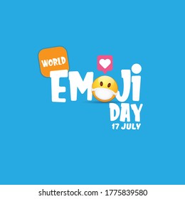 World emoji day greeting card or banner with smile face Emoji sticker with mouth medical protection mask isolated on abstract blue background.