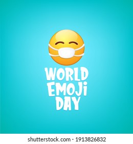 World emoji day greeting card or banner with smile face Emoji sticker with mouth medical protection mask isolated on turquoise background. Emoji day cartoon poster with smile