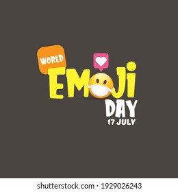 World emoji day greeting card or banner with smile face Emoji sticker with mouth medical protection mask isolated on grey background.