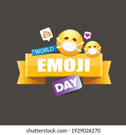 World emoji day greeting card or banner with smile face Emoji sticker with mouth medical protection mask isolated on grey background.