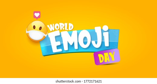 World emoji day greeting horizontal banner with smile face Emoji sticker with mouth medical protection mask isolated on orange background.