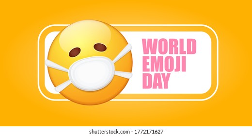 World emoji day greeting horizontal banner with smile face Emoji sticker with mouth medical protection mask isolated on orange background.