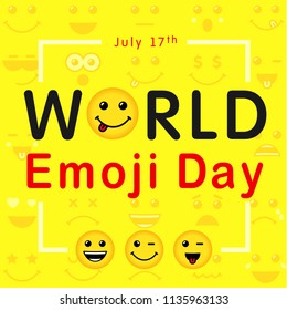 World Emoji Day with lettering of line art emoticons. Happy yellow smiley in a flat design and text World Emoji Day on yellow background. Vector emoticon joy icons