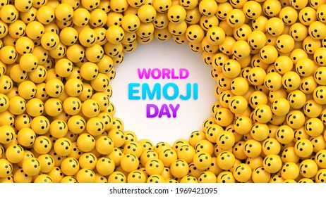 World Emoji Day. Many yellow balls with smiling faces and round palce for your content. Social media and communications concept vector background