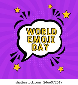 World Emoji Day pop art. World Emoji Day in comic pop art style. World Emoji Day message in sound speech bubble in pop art style. Comic book explosion with text World Emoji Day. 