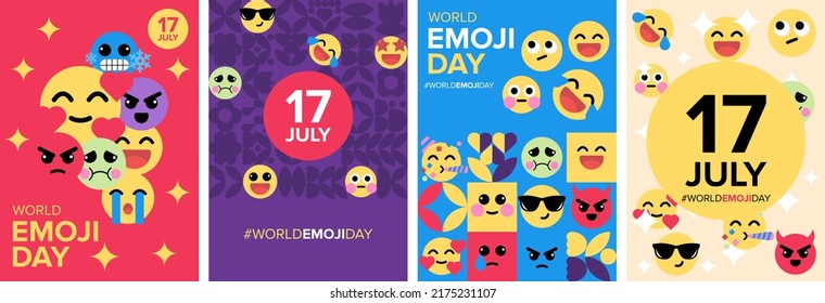 World emoji day poster and greeting card geometric vector template. 17 July, collection set emoji book cover.