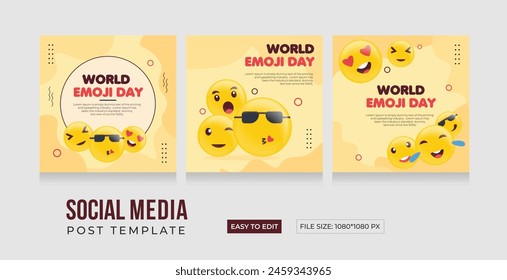 Welttag des Emoji, Vorlage in den sozialen Medien. Modernes und farbenfrohes Emoji-Design. Weltlachtag. Poster, Banner, Vektorgrafik Design Social Media Post. EPS-Vektorillustration.
